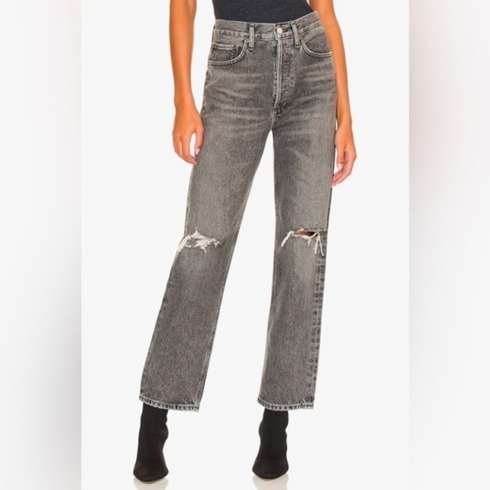 NEW Agolde 90s Loose Jean Outline Distressed Charcoal Gray Black 23 Denim